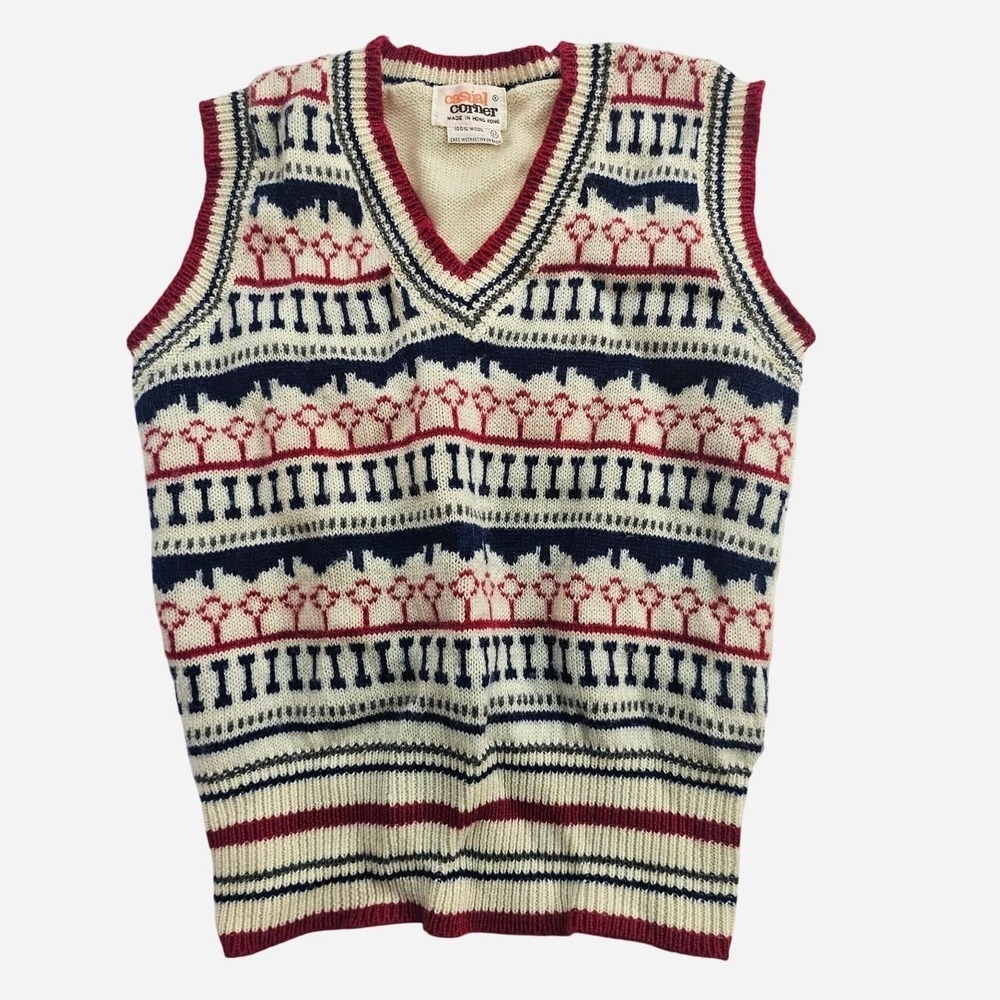 Navy Cream Red Vintage Wool Sweater Vest Fair Isle Pattern 1970s Preppy Academia